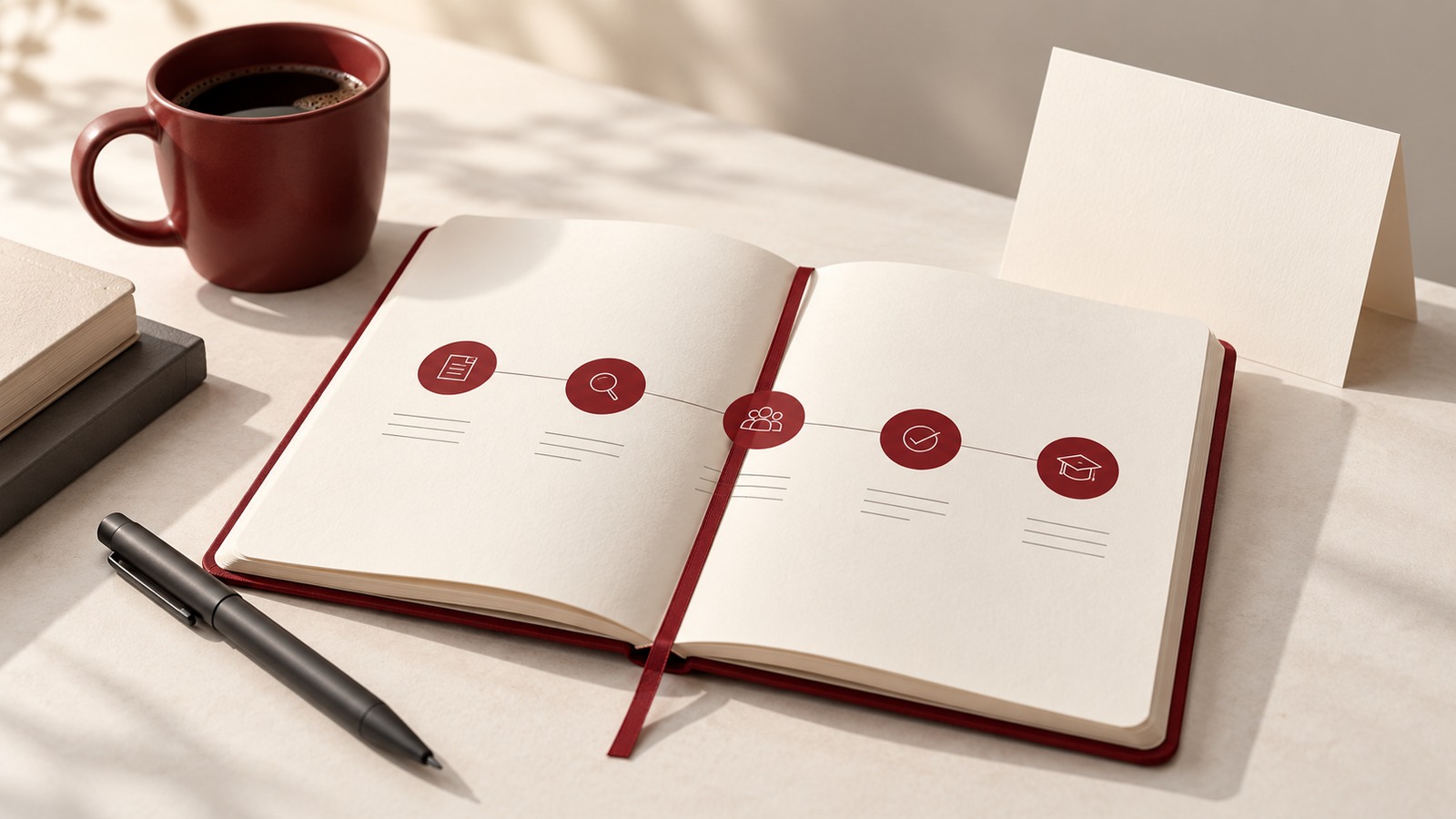 Concept illustration for admissions: an open ivory enrolment planning notebook with five minimalist burgundy markers.