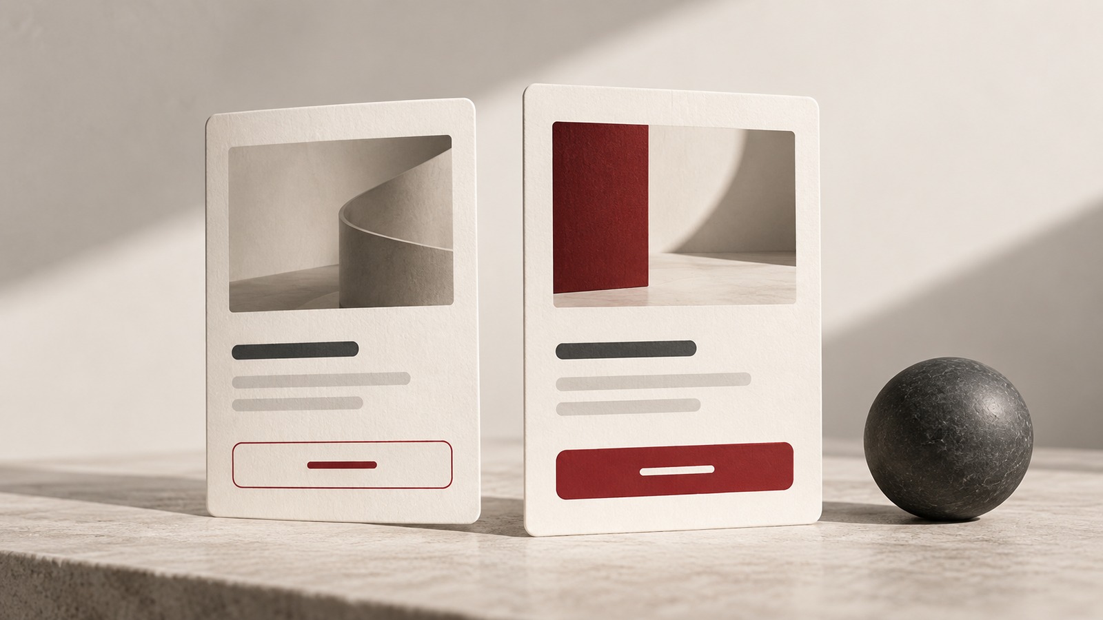 Concept illustration for behavioural design certification: two elegant cream interface choice cards with differently emphasised burgundy actions beside a small balanced graphite sphere.