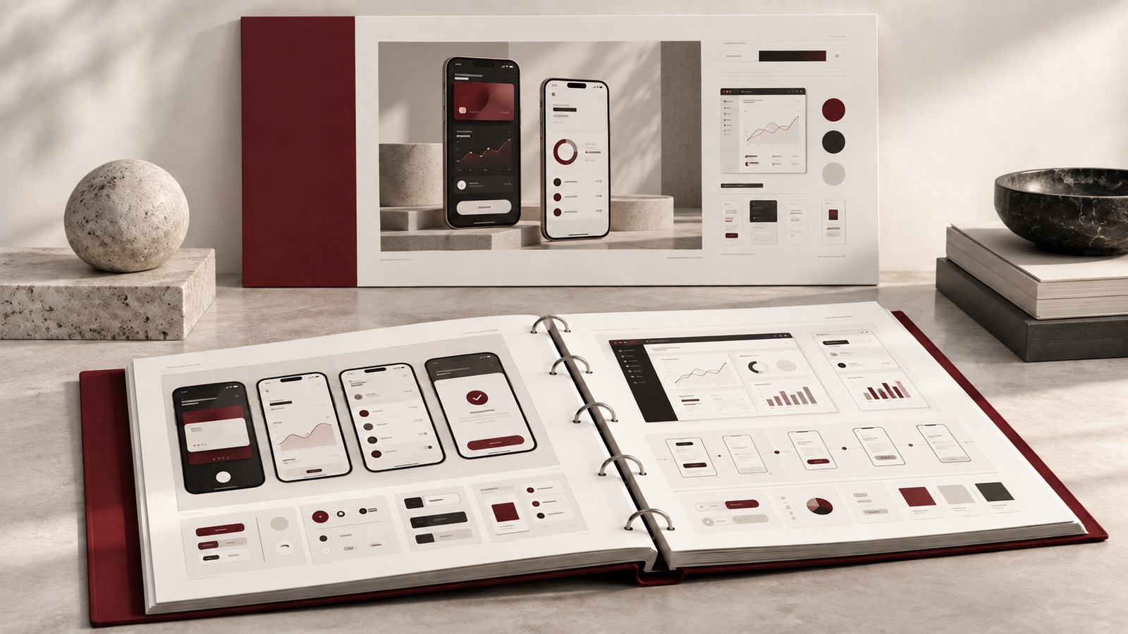 Concept illustration for design master certification: museum-style display of a substantial open product-design capstone binder.