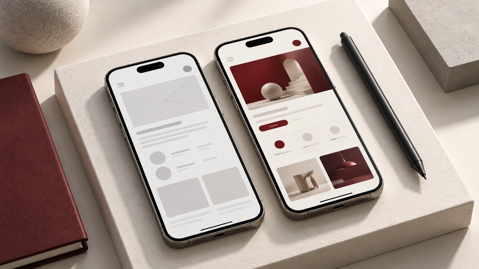 Concept illustration for UX/UI practitioner certification: a carefully crafted physical pair of mobile interface studies.