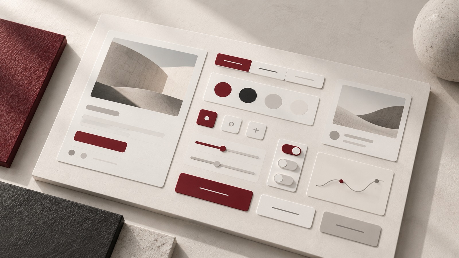 Concept illustration for design specialist certification: close detail of a polished modular UI system with nested component variants precisely aligned on a cream board.