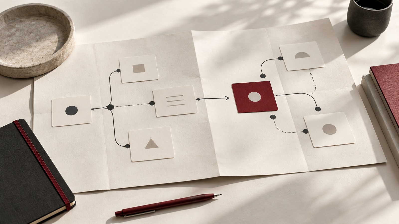Concept illustration for experience strategy certification: a large folded experience planning canvas with understated charcoal paths connecting small cream cards and one burgundy priority tile.
