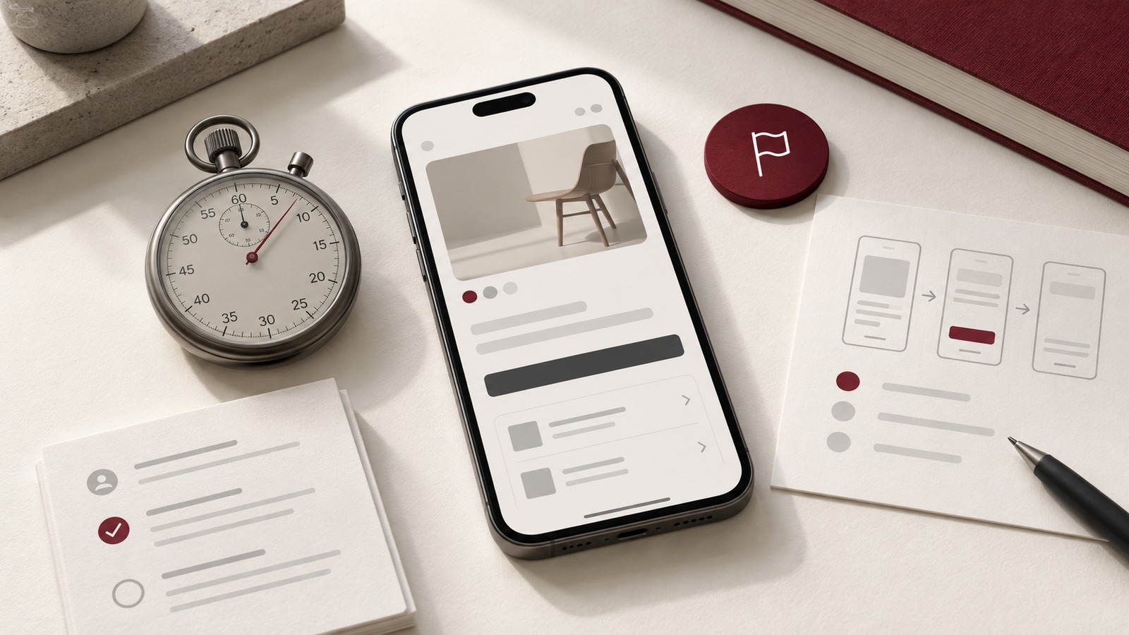 Concept illustration for usability engineering certification: a mobile prototype on a cream desk alongside a graphite stopwatch and sparse test-observation cards.