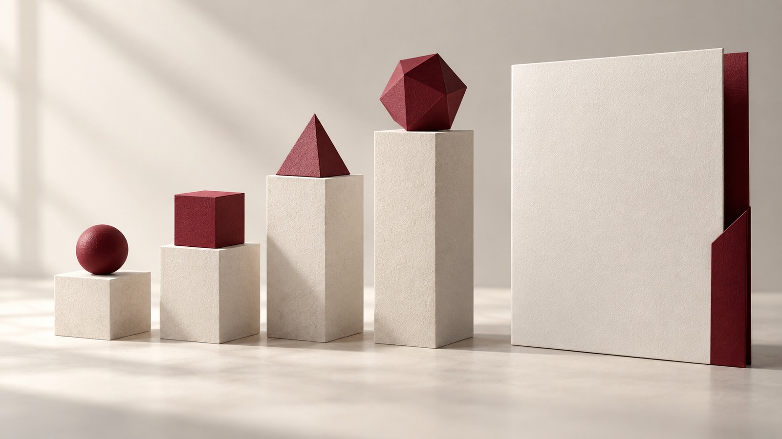 Concept illustration for certification overview: four progressively taller ivory rectangular plinths each supporting an elegant burgundy geometric form.