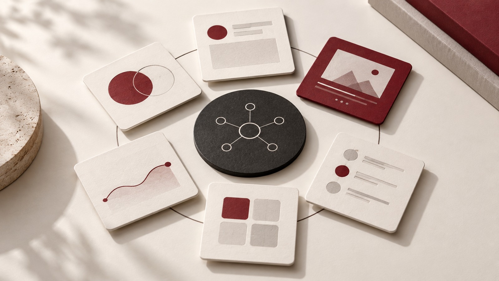 Concept illustration for design community: a welcoming circular arrangement of six small ivory and burgundy design cards around a shared charcoal circular centre.