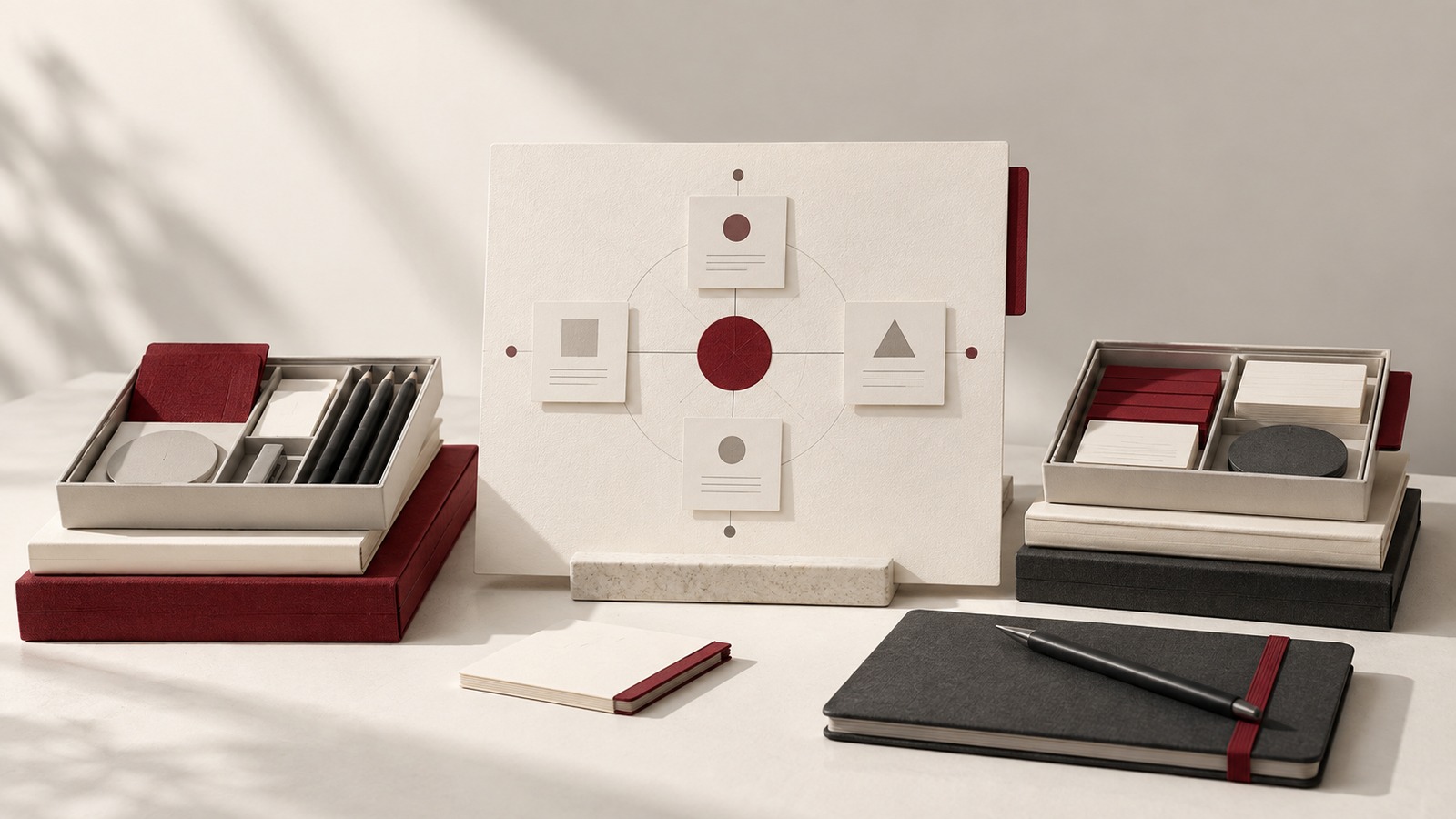 Concept illustration for corporate training: three compact design work kits aligned around one central cream product-strategy board.