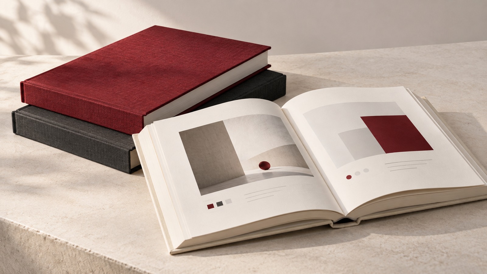 Concept illustration for free ebooks: three blank premium design books with burgundy charcoal and ivory linen covers.