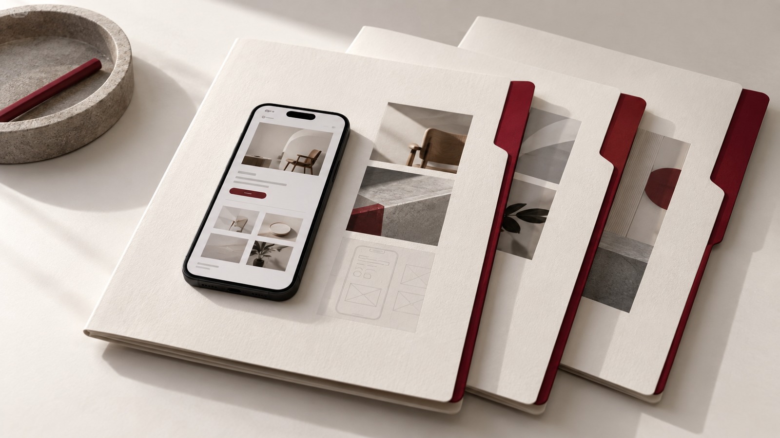 Concept illustration for hiring partners: three carefully presented cream portfolio folders with distinct burgundy tabs and small mobile interface study visible on top.