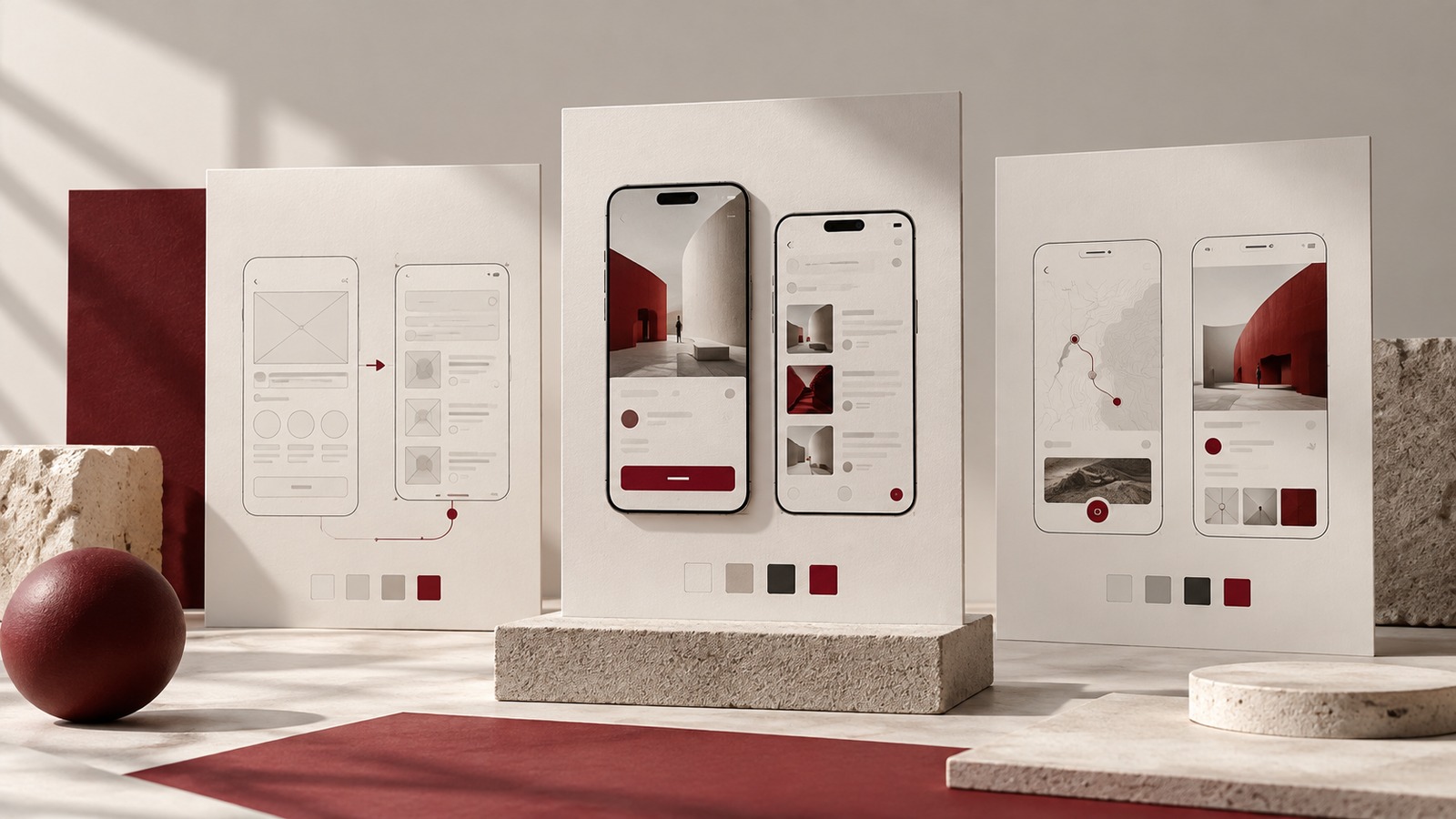 Concept illustration for postgraduate UX/UI: a refined design portfolio exhibition still life with three upright board-mounted app screen studies.