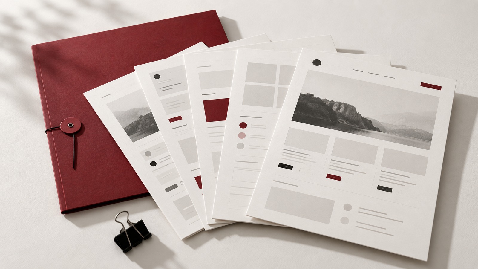 Concept illustration for free design resources: an organised fan of premium ivory template sheets with different subtle interface structures.