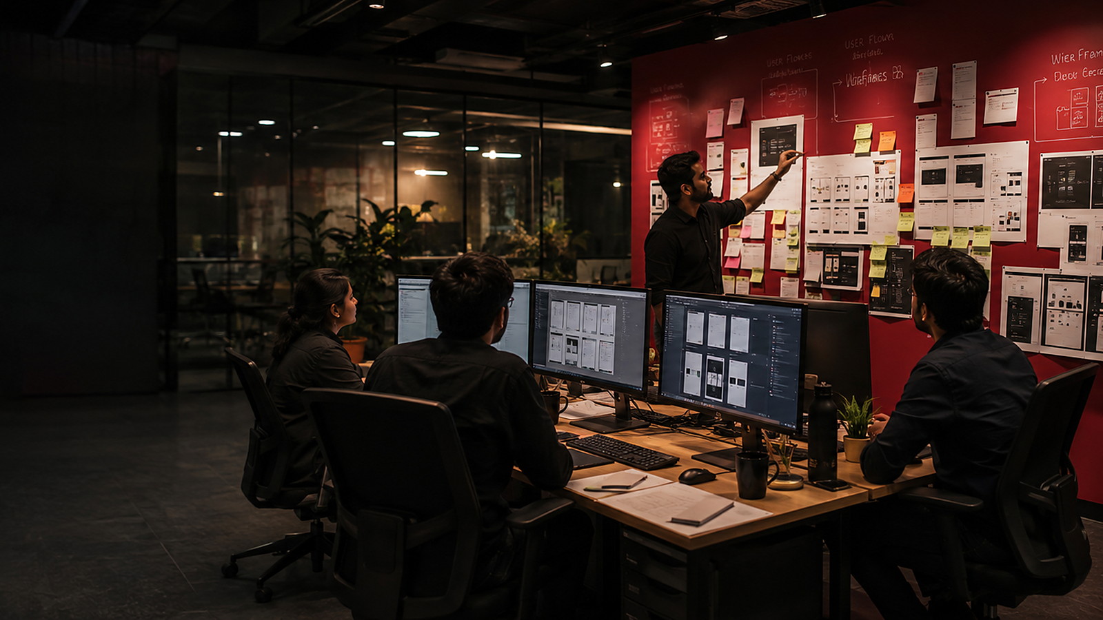 Live UX/UI design studio session at Agile Design School — mentor leading a wireframe critique with design students